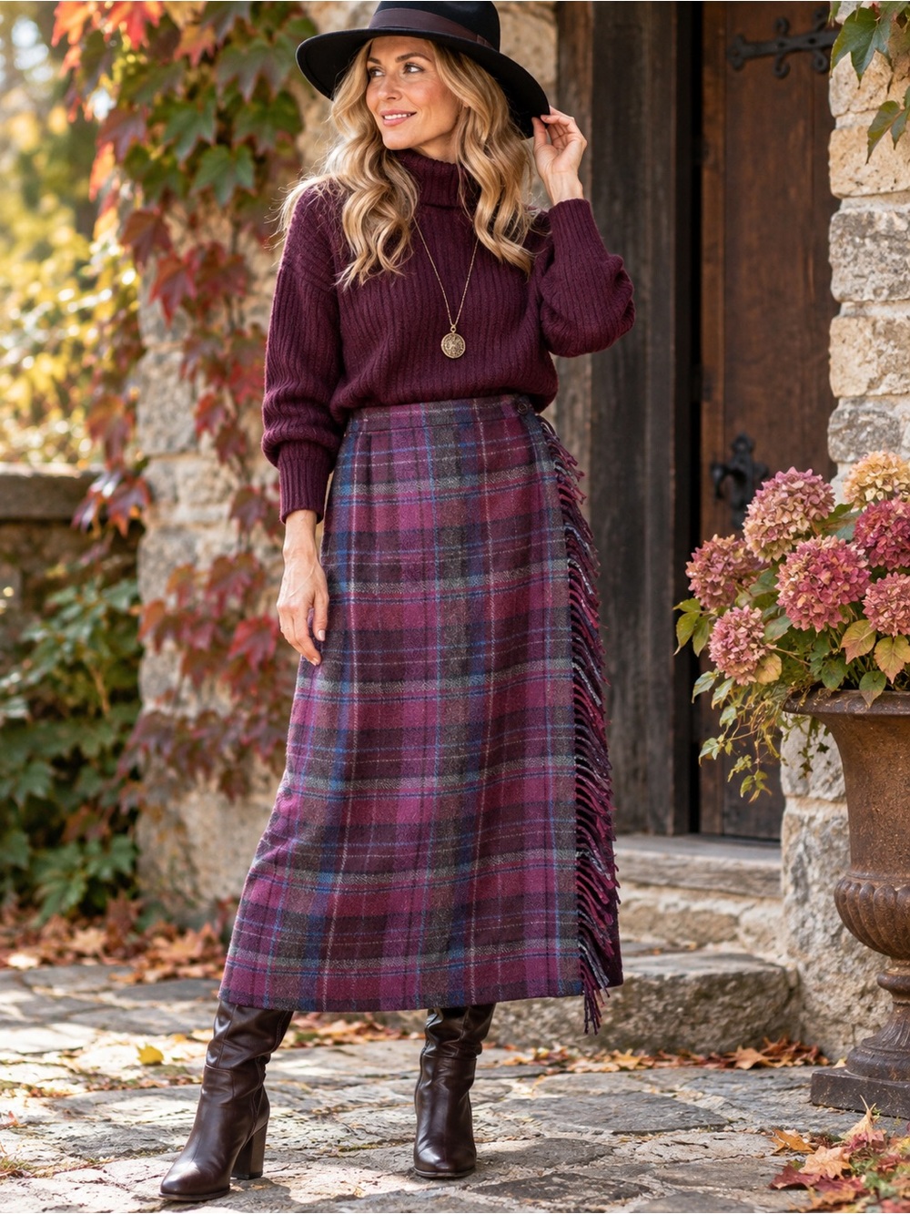 Talbots plaid wool fringe wrap skirt